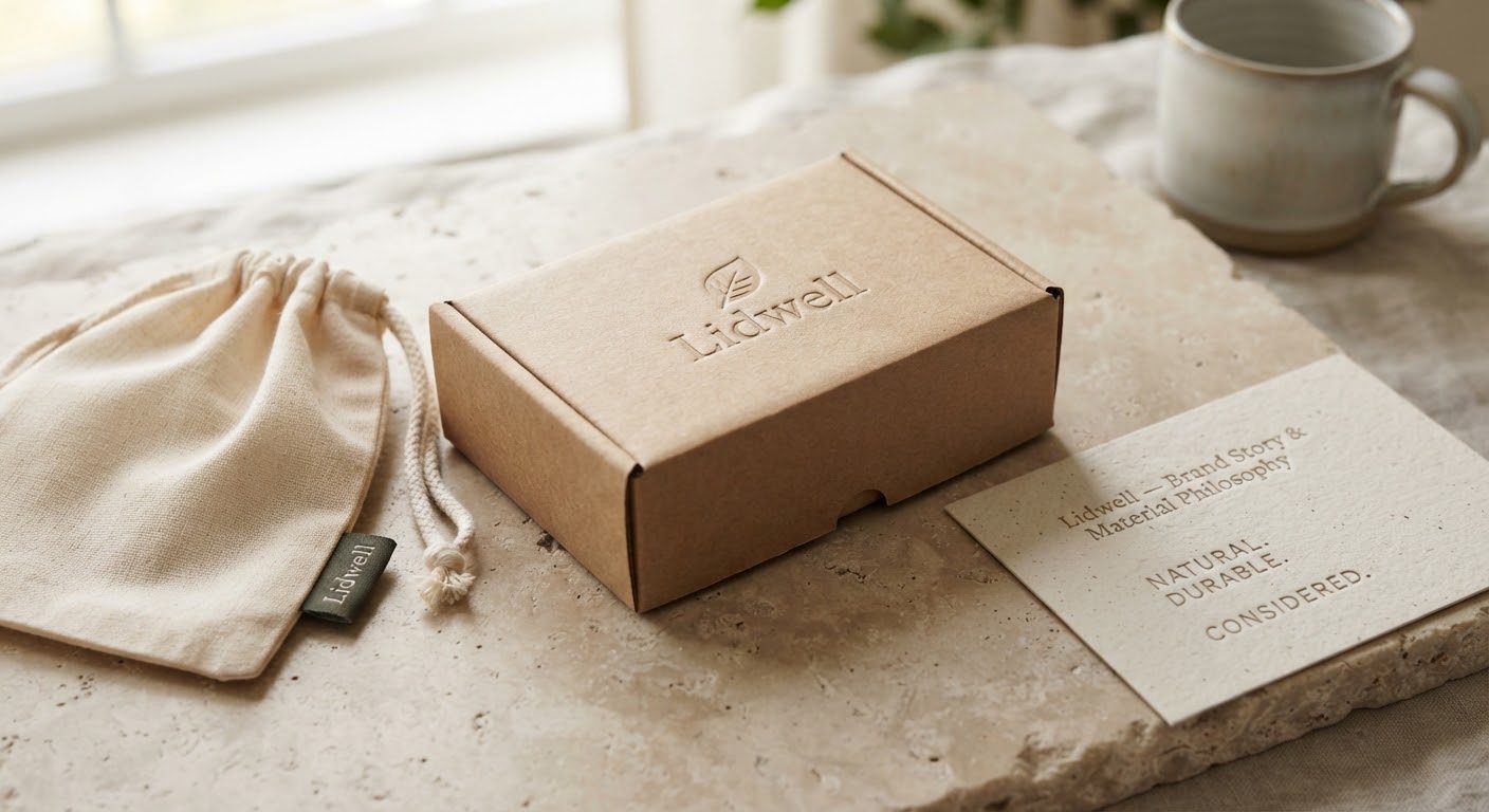 Kraft box with a debossed wordmark beside a cotton bag