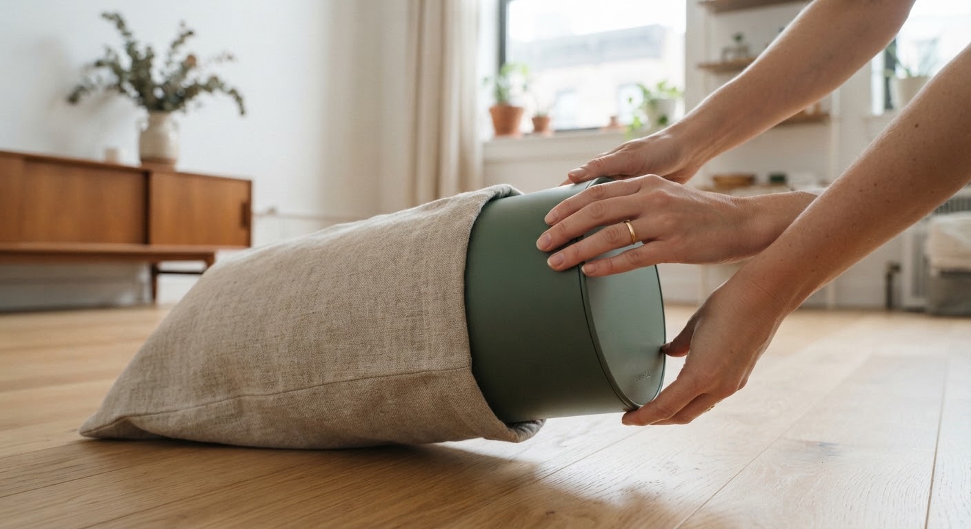 Hands sliding a vessel out of a linen sleeve