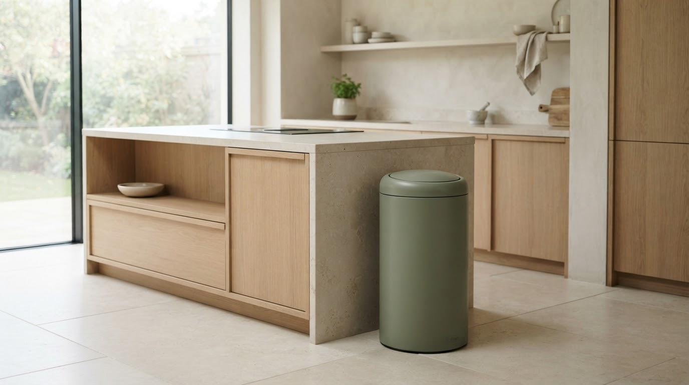 Vessel 01 in Lichen Moss standing beside an oak kitchen island