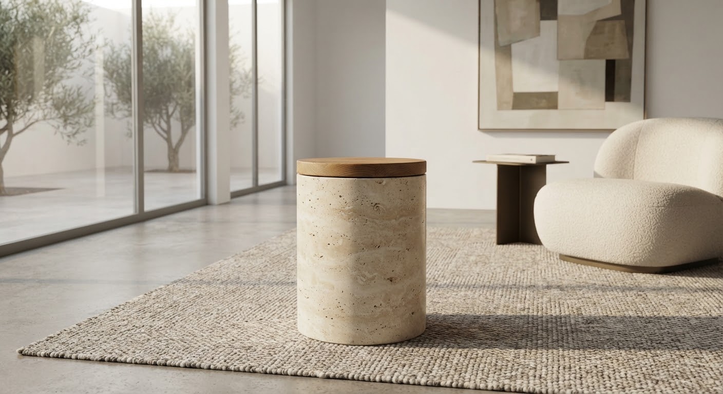 Travertine pedestal vessel in a living room