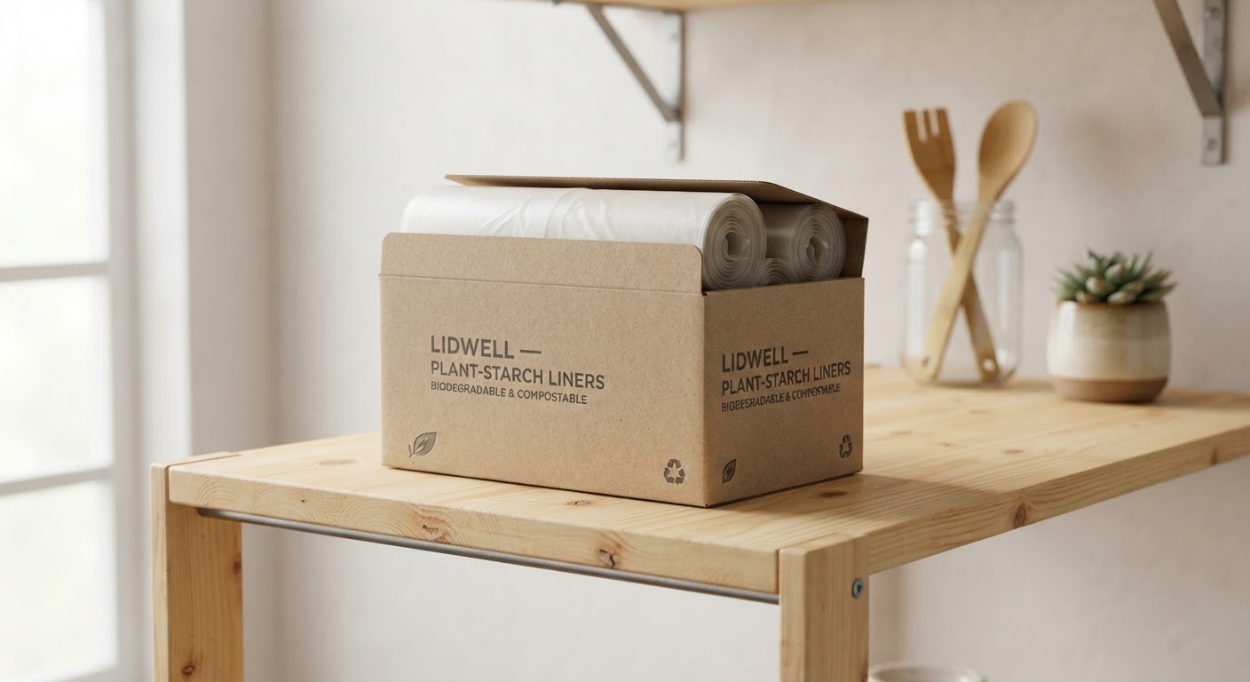 Boxed compostable liners on a pine shelf
