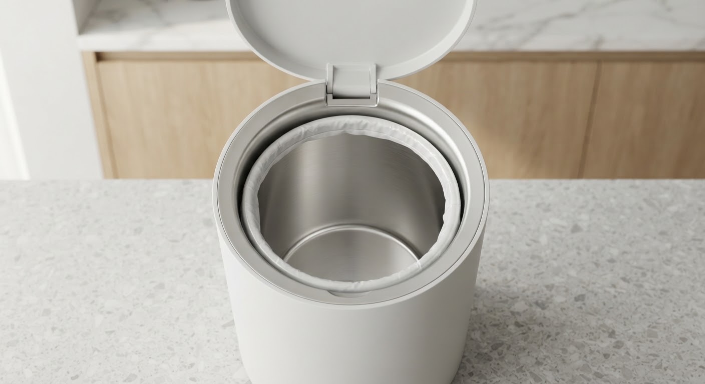 Open lid showing the stainless inner bucket and hidden bag collar